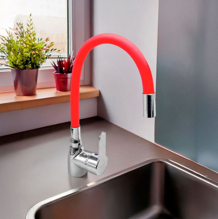 Grifería Monocomando Pico Cisne Flexible Roja Cocina Acra